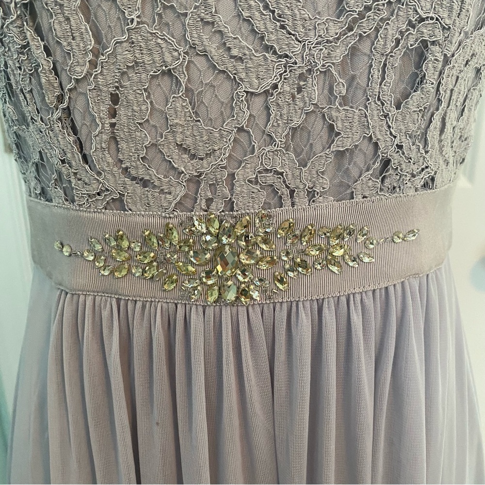 Adrianna Papell Lace Illusion Dress Gray / Silver Sz 6 Gown Beaded Waist Tulle - Picture 7 of 15